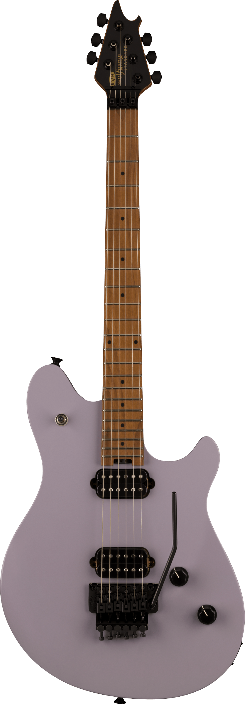 Light purple EVH electric guitar with two black humbucker pickups, Floyd Rose bridge, maple fretboard, and black control knobs.