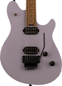 Matte light purple EVH electric guitar with two humbucker pickups, Floyd Rose bridge, tremolo arm, and two control knobs.