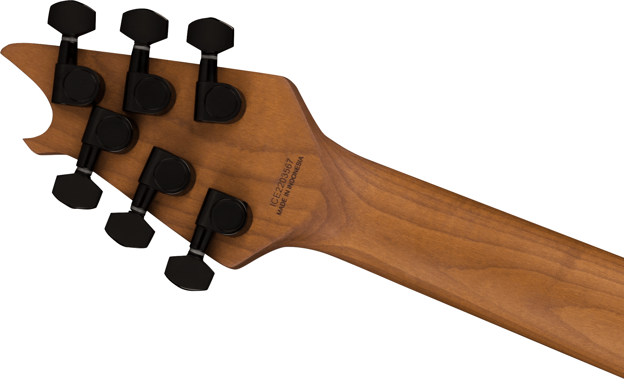 Six black tuning pegs on a natural wood EVH guitar headstock, serial number and "Made in Indonesia" stamped on the back.