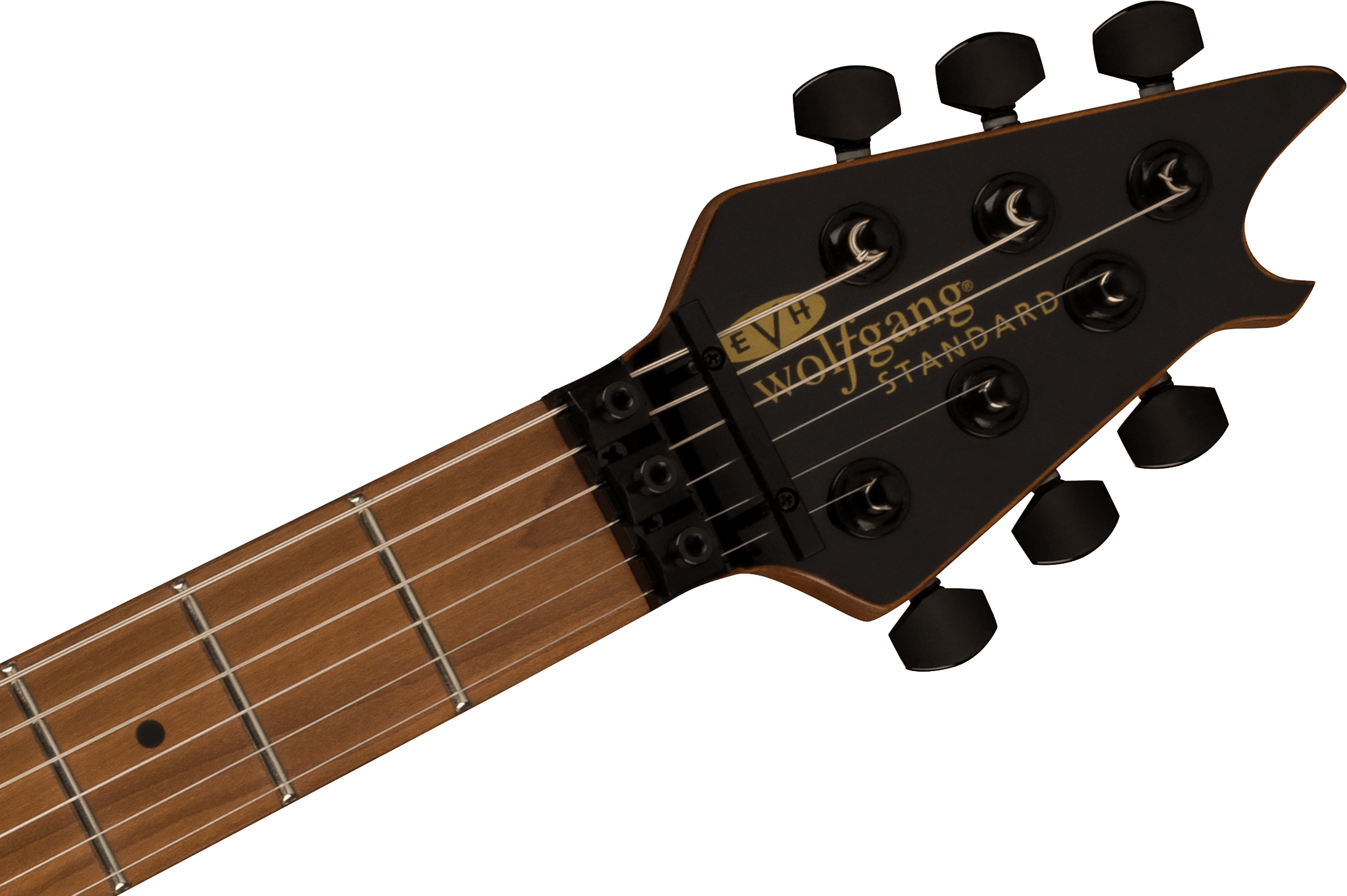EVH Wolfgang Standard electric guitar headstock, black with gold logo, six black tuning pegs, locking nut, and light wood fretboard.