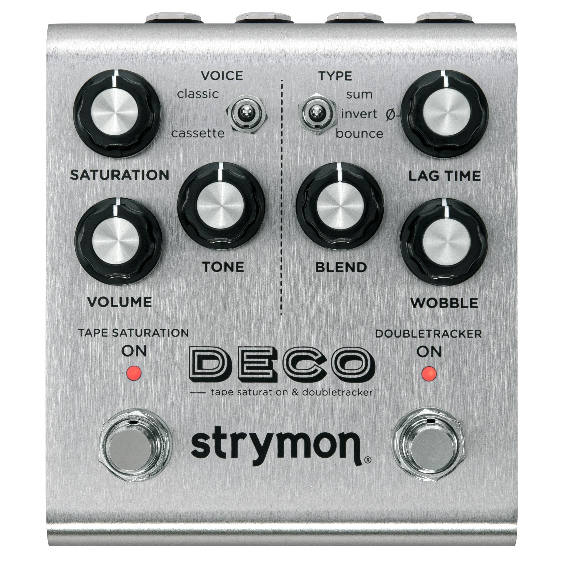 Strymon Deco effects pedal with six knobs, two toggle switches, two footswitches, and LED indicators on a brushed metal surface.