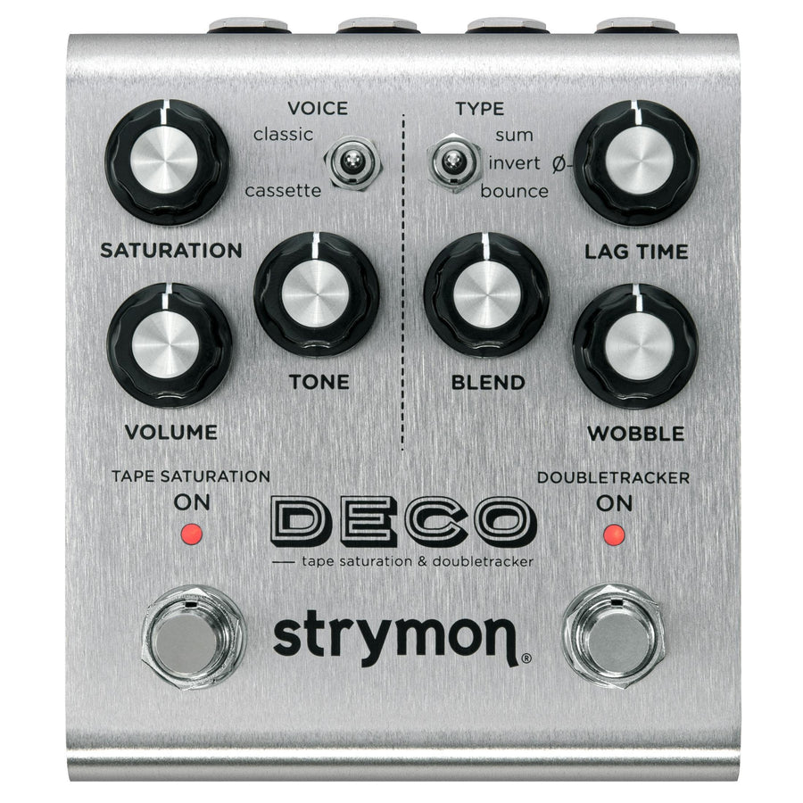 Strymon Deco effects pedal with six knobs, two toggle switches, two footswitches, and LED indicators on a brushed metal surface.