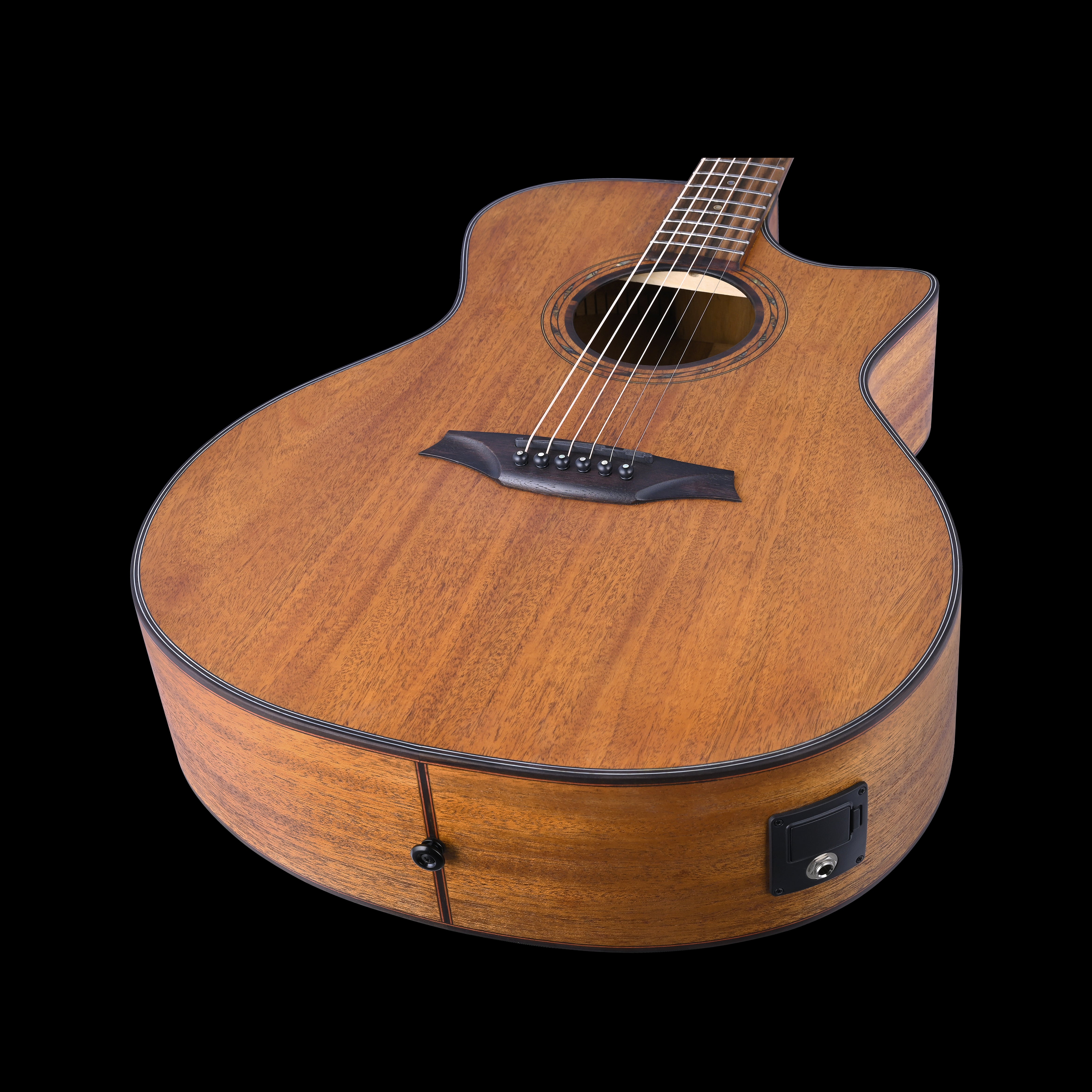 Cutaway acoustic guitar with a natural wood finish, six strings, black bridge, and input jack for amplification on the side.