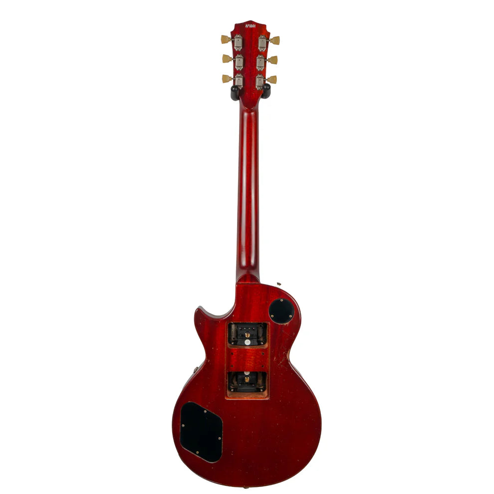 Red electric guitar viewed from the back, showing exposed electronic cavities and black plastic covers on the body. No strings or pickups are visible.