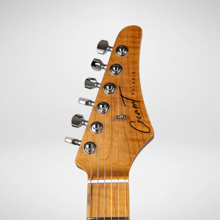 Maple electric guitar headstock with six chrome tuning pegs, black Cream Polaris logo, and visible wood grain.