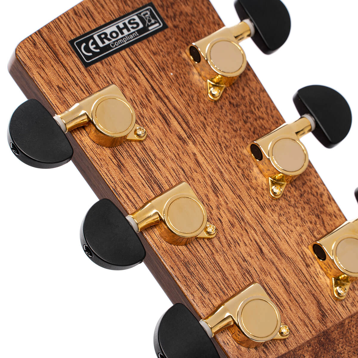 Six gold tuning pegs with black knobs are attached to the wood headstock of an acoustic guitar, with a small RoHS compliance label.
