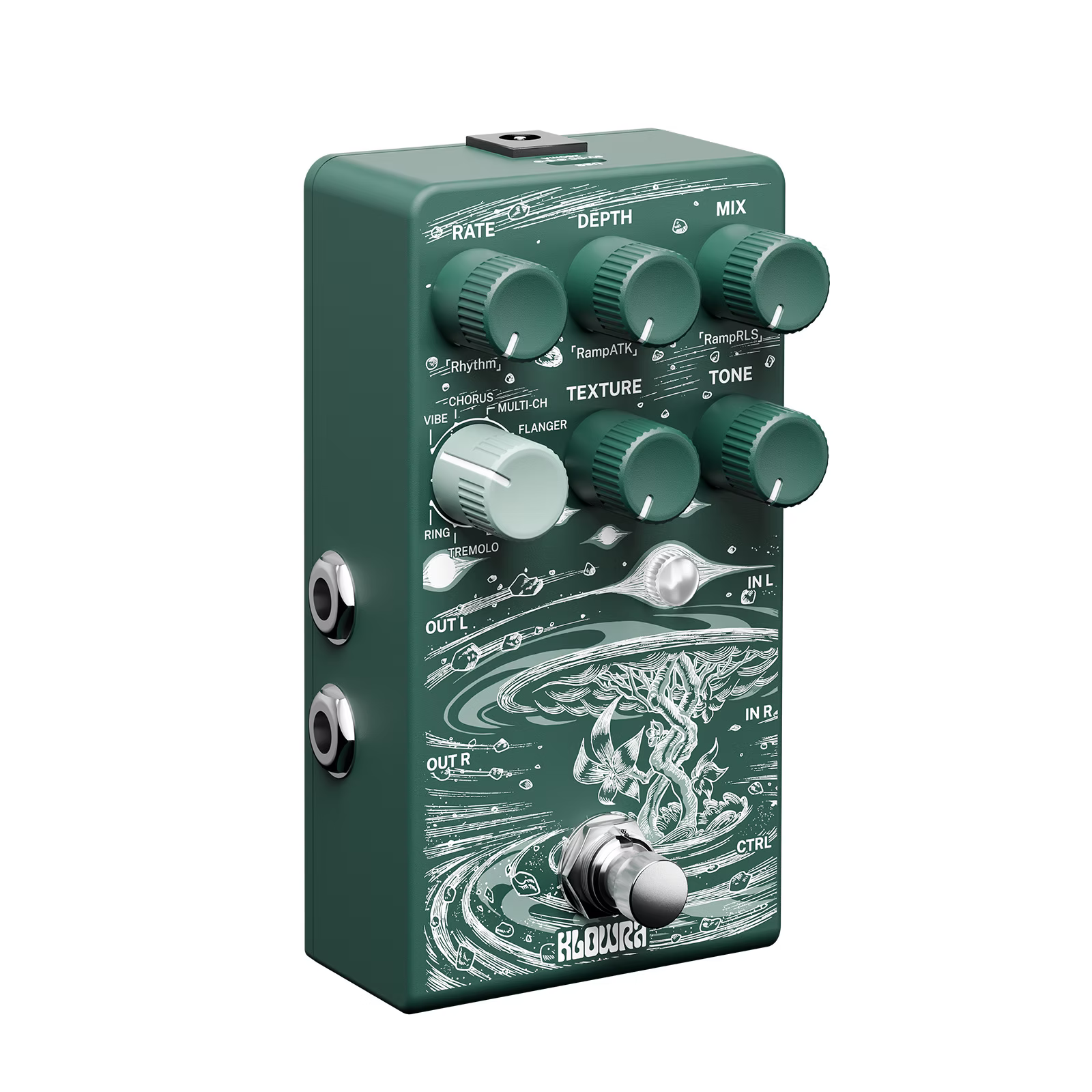 Green effects pedal with five knobs, a toggle switch, multiple labeled jacks, and swirling white artwork of a dragon and tree on the front panel.