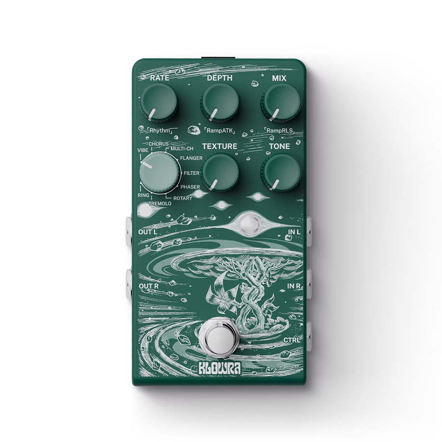 Green effects pedal with five knobs labeled Rate, Depth, Mix, Texture, and Tone, and swirling line art of a tree with roots and branches.