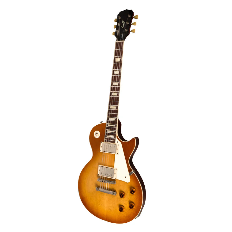 Sunburst-finish electric guitar with a single cutaway, two pickups, four control knobs, and white pickguard; classic Les Paul style design.