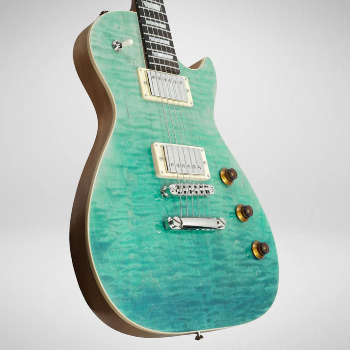 Electric guitar with a glossy turquoise quilted maple top, two chrome humbucker pickups, three amber control knobs, and a single cutaway body shape.