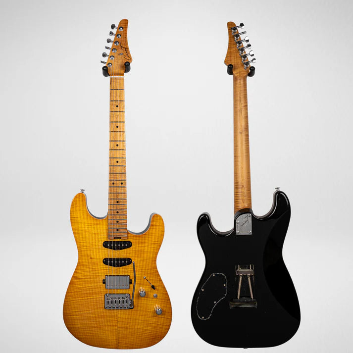 Two electric guitars shown front and back; front is yellow wood grain with three pickups, back is glossy black with visible neck and backplate.