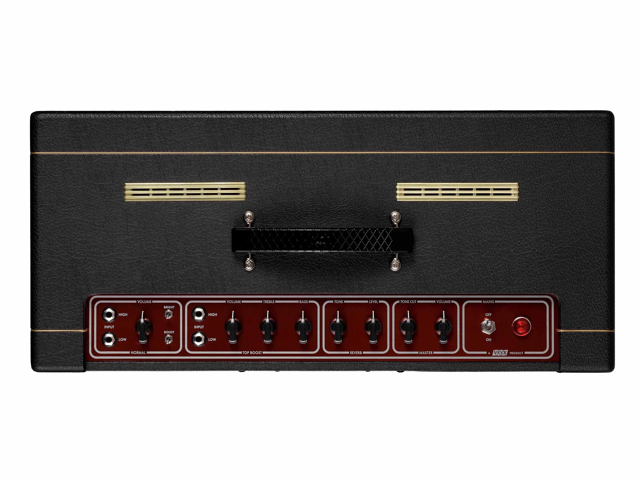 Black Vox guitar amplifier head with gold trim, top handle, front panel featuring multiple knobs, switches, inputs, and a red power indicator light.