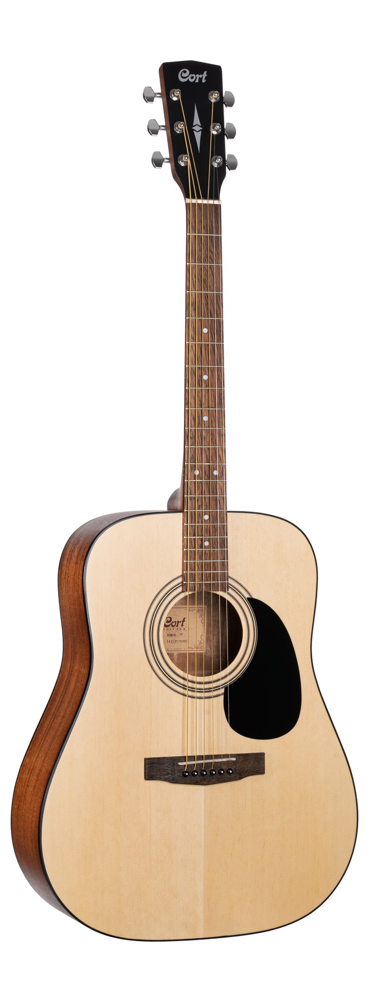 Six-string acoustic guitar with a natural wood top, dark wood sides, black pickguard, and the brand Cort on the headstock.