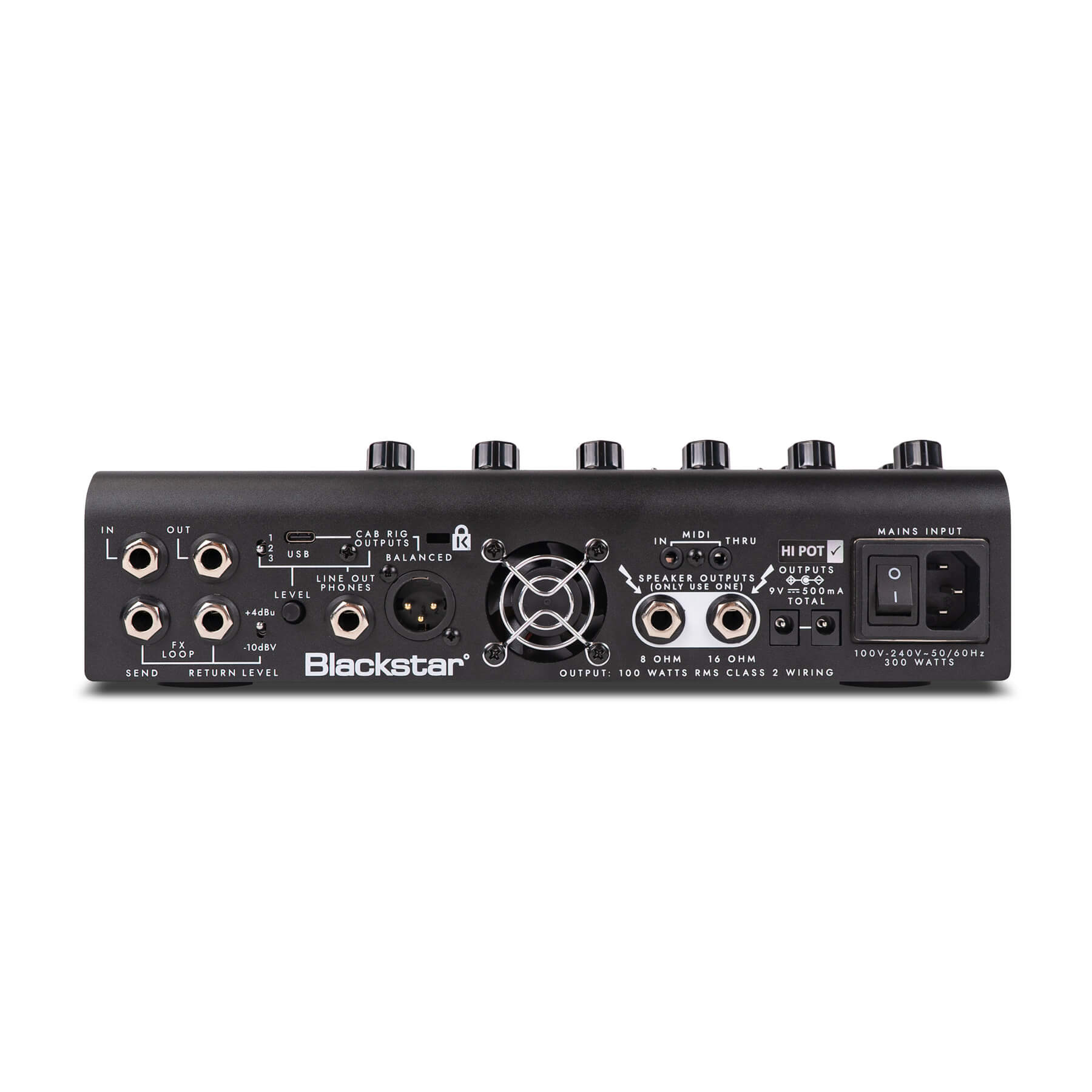 Blackstar amplifier rear panel with multiple input/output jacks, USB, MIDI, XLR, speaker outputs, fan vent, power switch, and mains power socket.