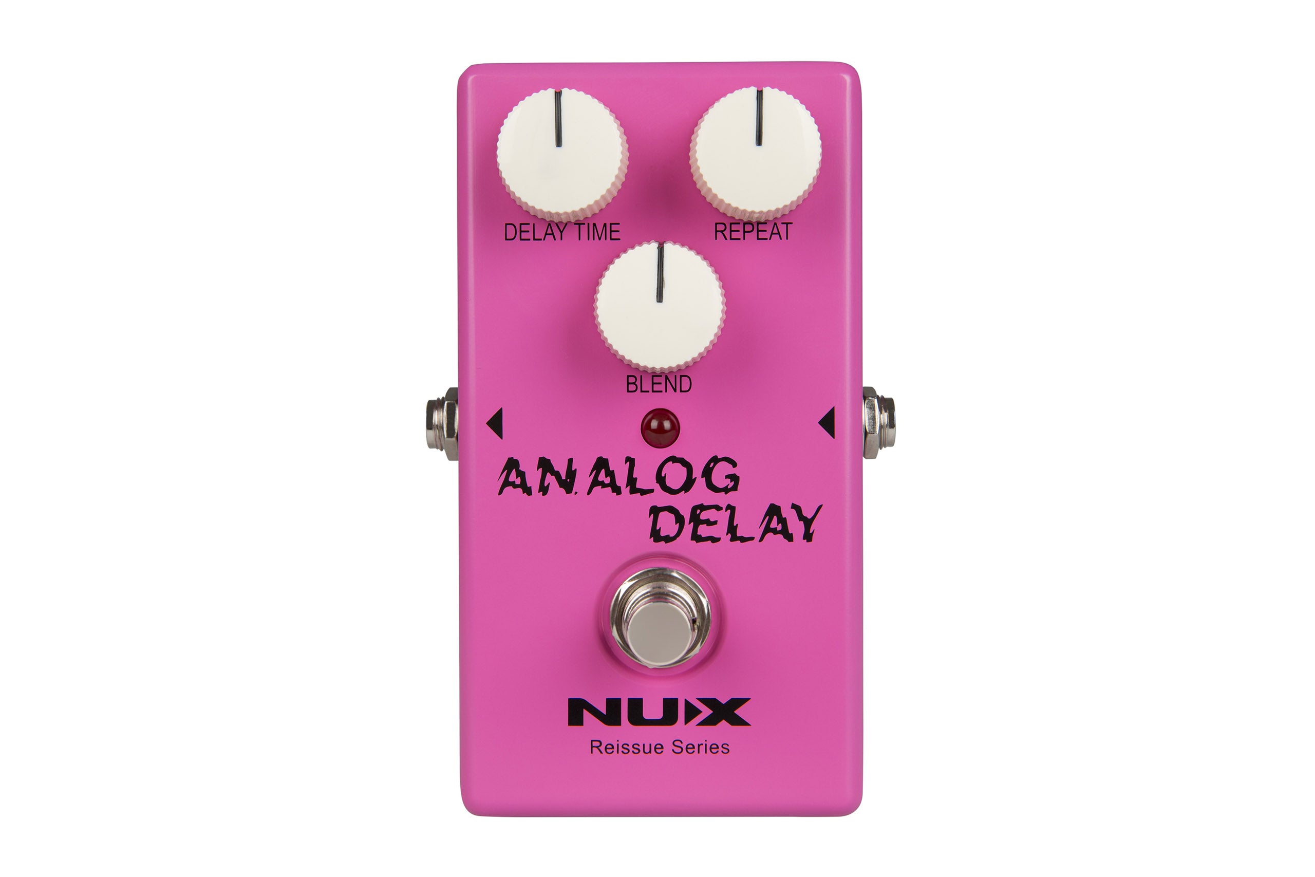 Bright pink FX pedal with three white knobs labeled Delay Time, Repeat, and Blend; black text reads Analog Delay, with a silver footswitch below.