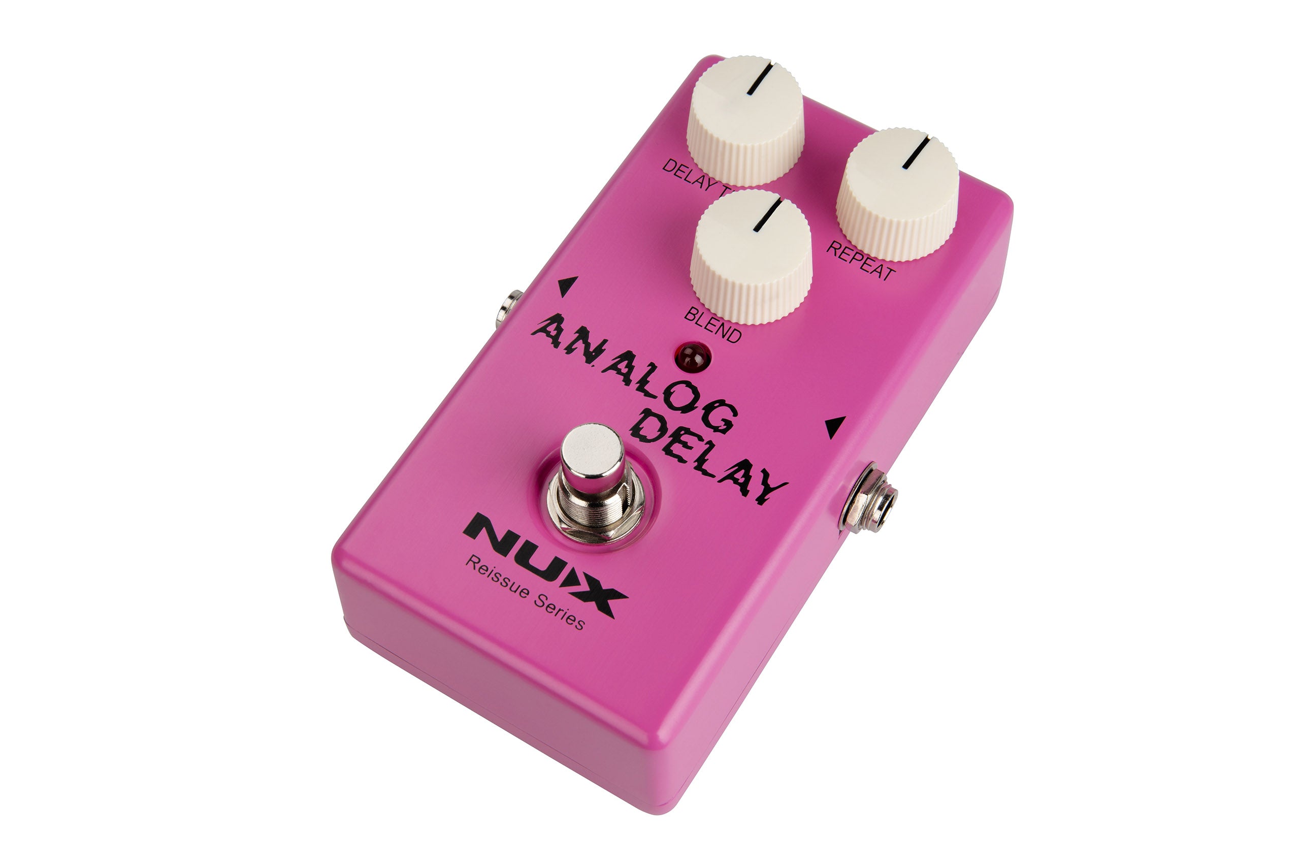 Bright pink FX pedal labeled "Analog Delay" with three white knobs for delay, blend, repeat, plus a metal footswitch and NUX branding.