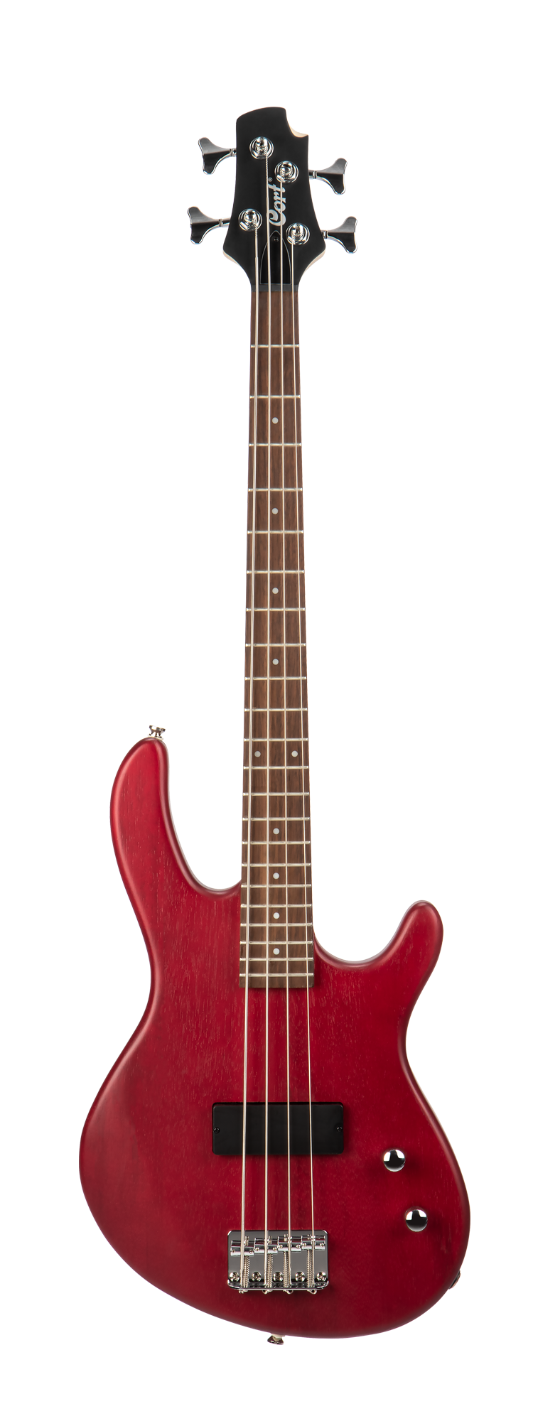 Red electric bass guitar with four strings, a dark wood fretboard, two control knobs, and a single black pickup.