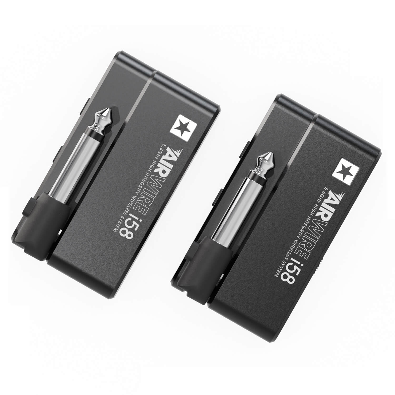 Two rectangular black wireless transmitters with 1/4-inch metal plugs and "AIRWIRE i58" printed on each unit.