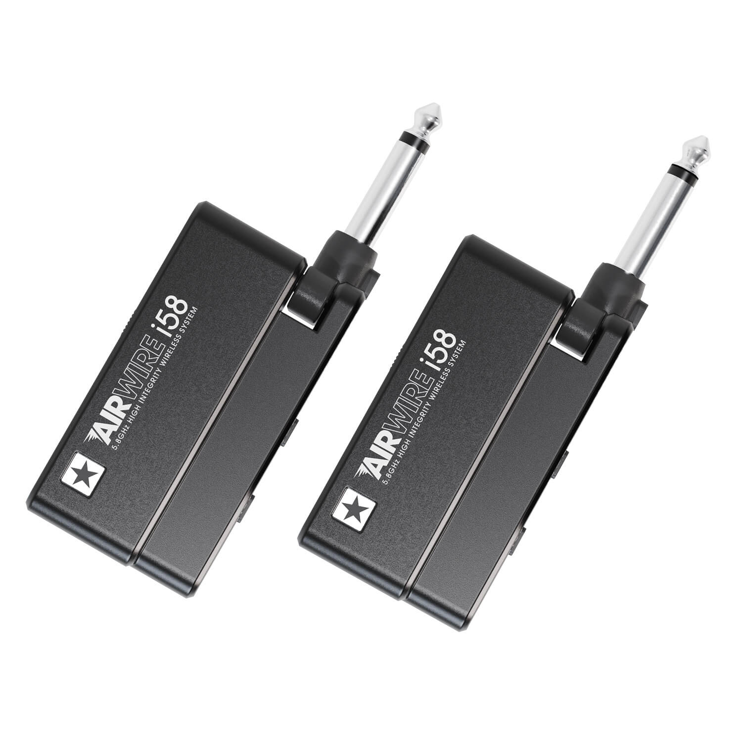 Two black AIRWIRE i58 wireless transmitters with silver 1/4-inch plugs angled outward, used for audio signal transmission.