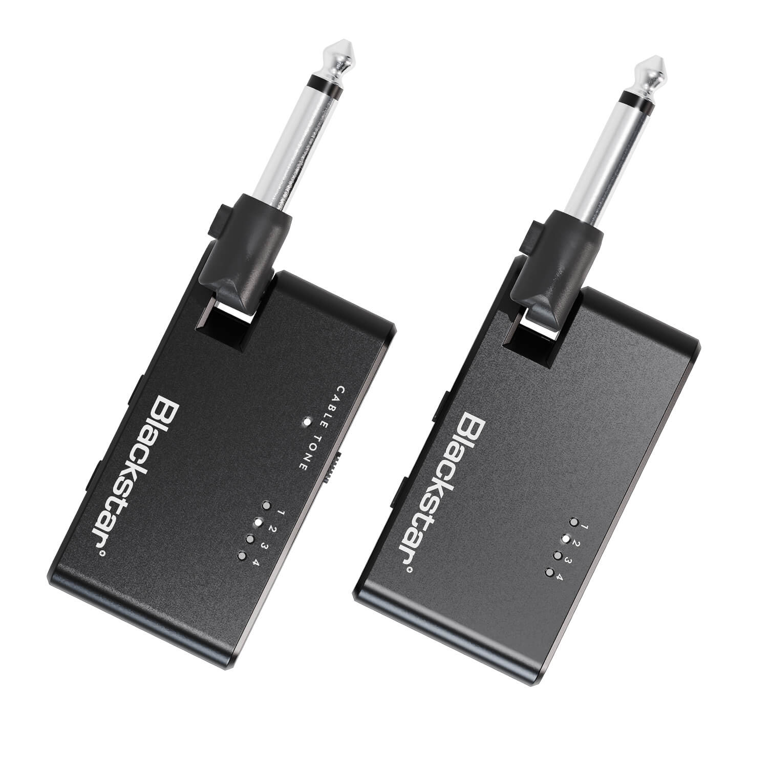 Two rectangular Blackstar wireless transmitters with 1/4 inch plugs, each labeled with channel and cable tone indicator lights.