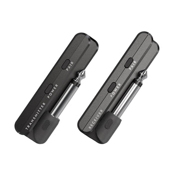 Two slim black wireless transmitters with 1/4-inch plugs labeled 