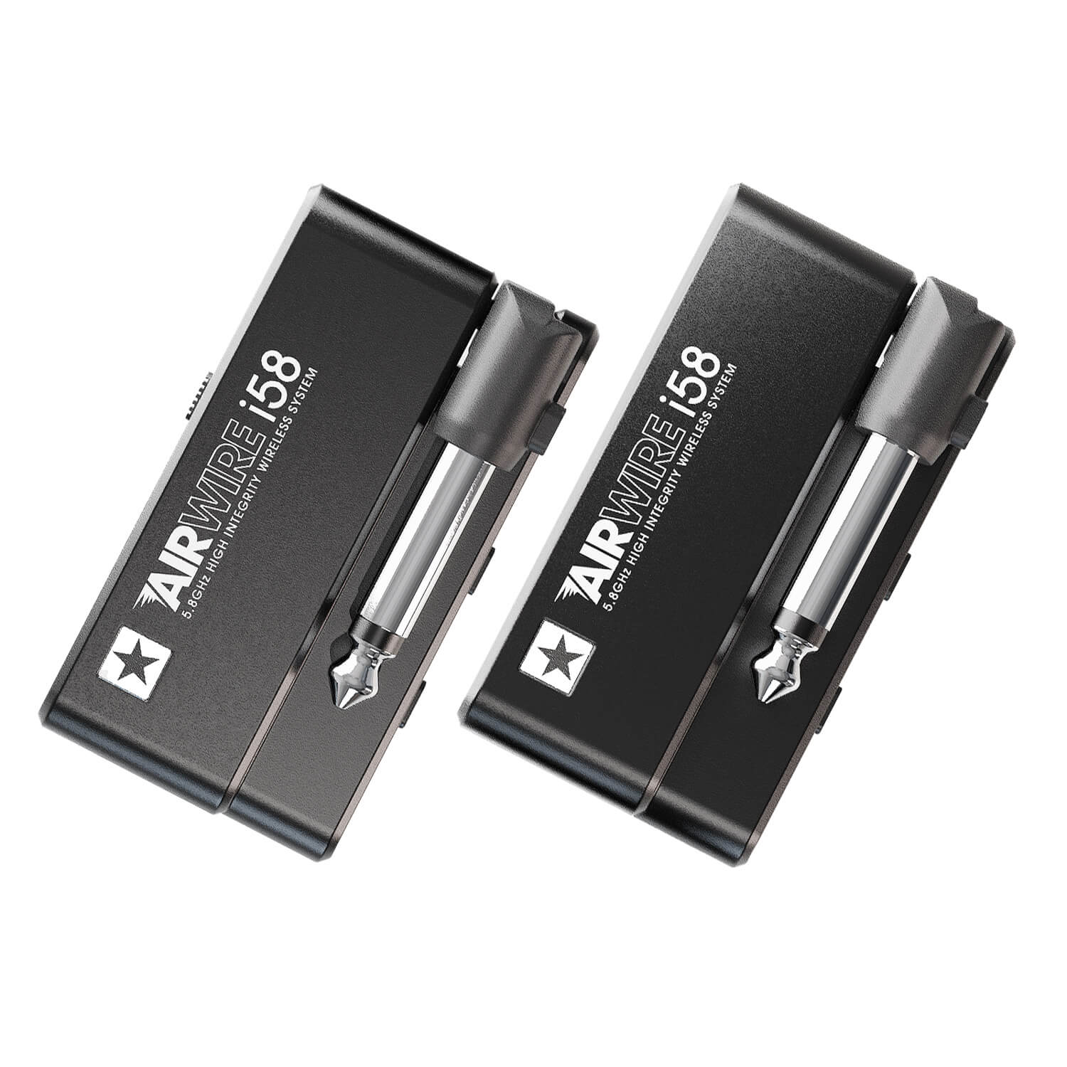 Two black Airwire i58 wireless transmitters with 1/4-inch plugs, used for transmitting audio signals wirelessly, are shown side by side.