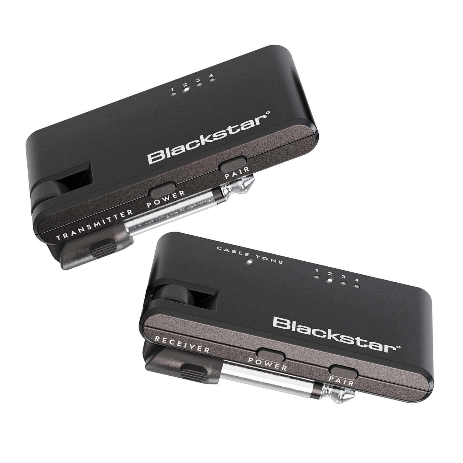 Two Blackstar wireless transmitters, each with a 1/4-inch plug, labeled for transmitter and receiver with power and pair buttons.