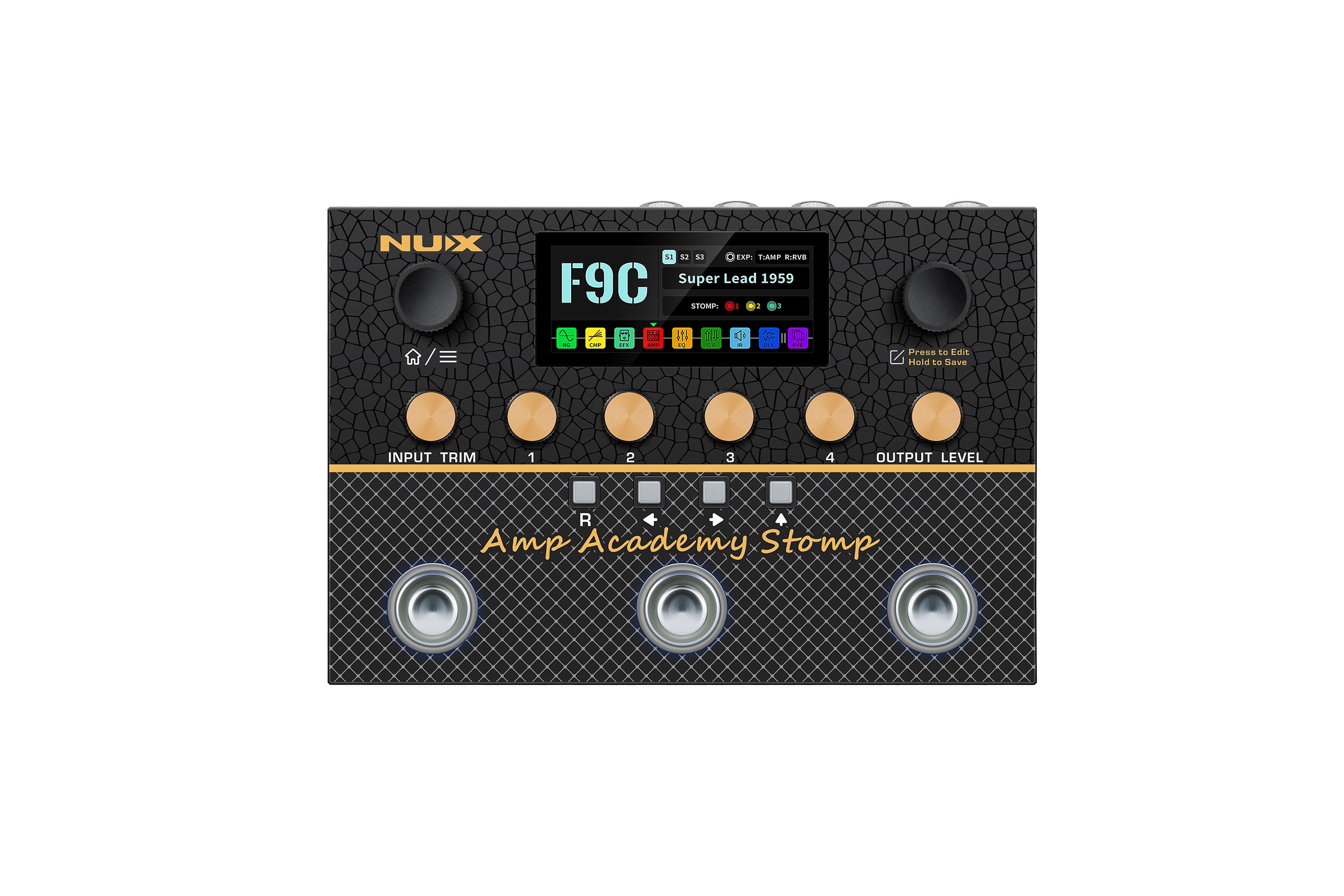 NUX Amp Academy Stomp FX pedal features a color display, six gold knobs, two black dials, three footswitches, and labeled control sections.