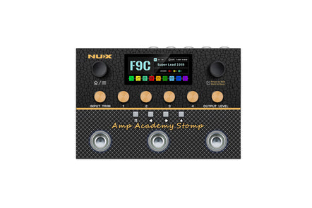 NUX Amp Academy Stomp FX pedal features a color display, six gold knobs, two black dials, three footswitches, and labeled control sections.