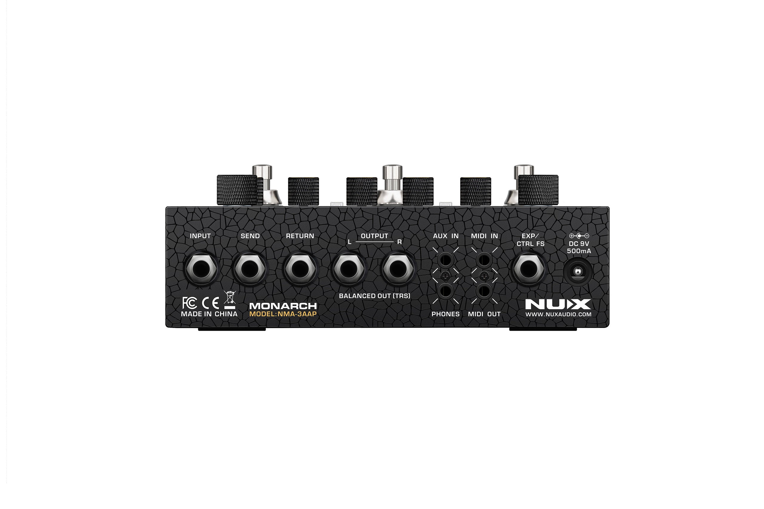 NUX Monarch FX pedal rear with 10 labeled jacks: input, send, return, balanced outputs, aux in, MIDI, phones, EXP/CTRL, and 9V DC power input.
