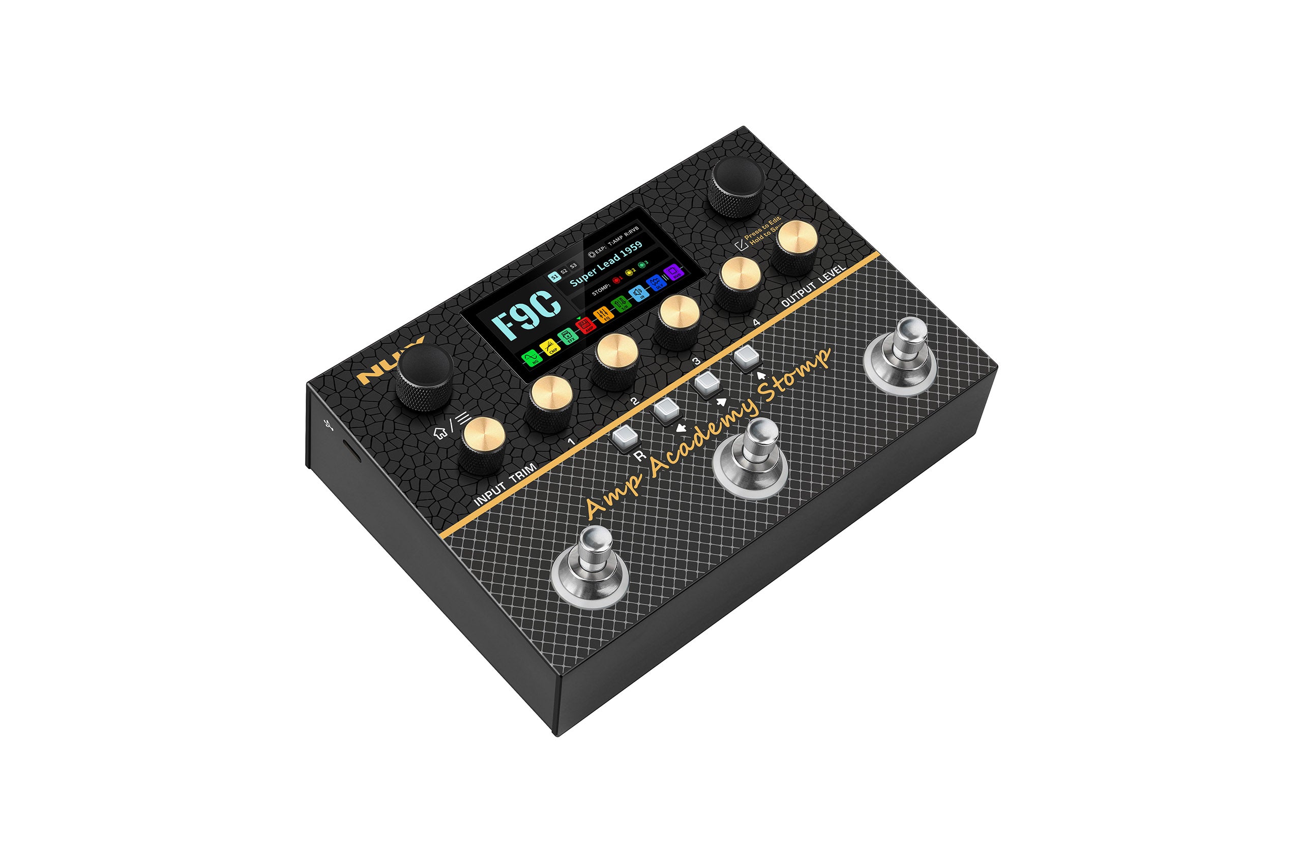 Black FX pedal labeled “Amp Academy Stomp” with six knobs, three footswitches, and a small color display screen showing preset info.