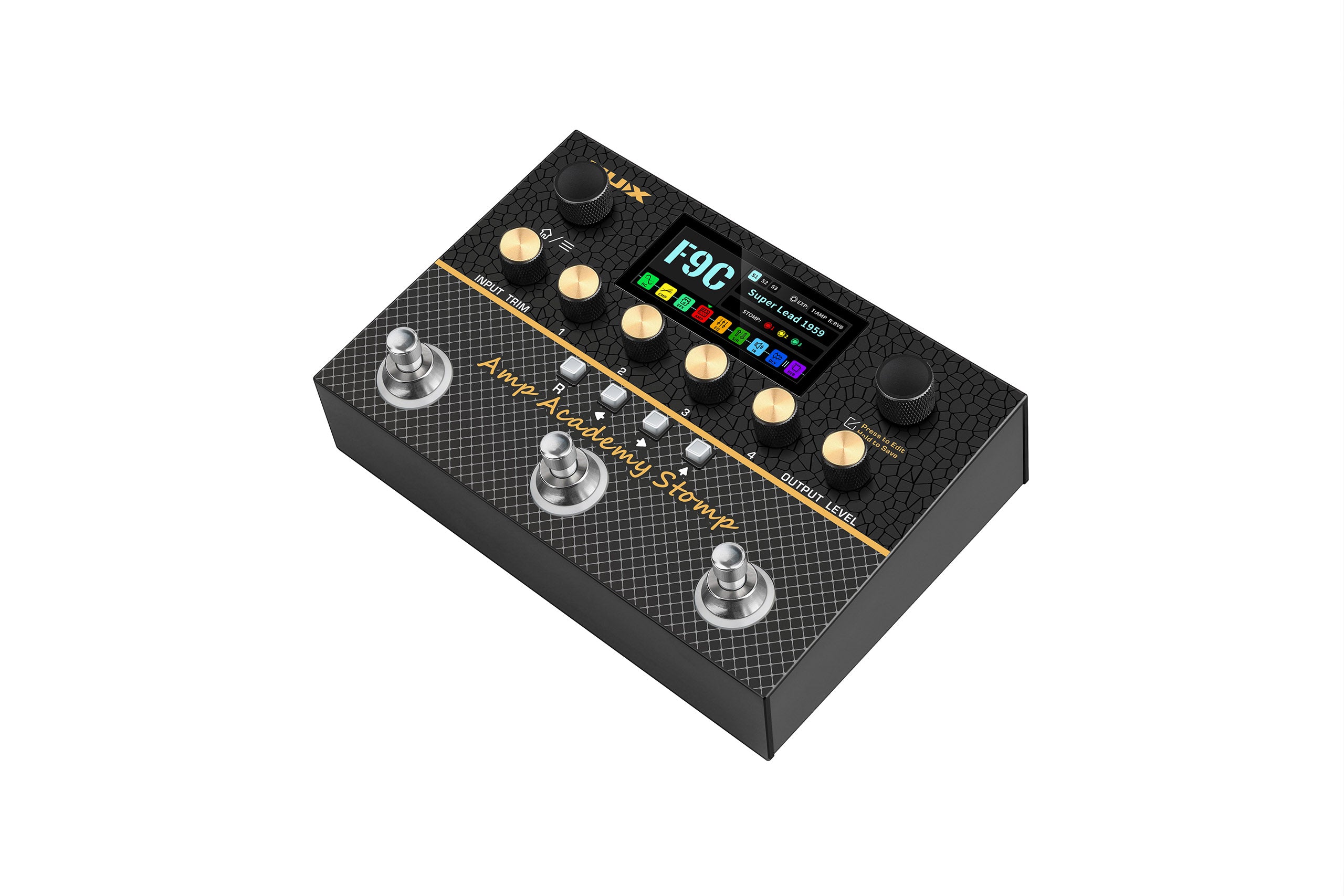 Guitar FX pedal with a digital screen, six gold knobs, three black knobs, and four footswitches labeled Amp Academy Stomp.