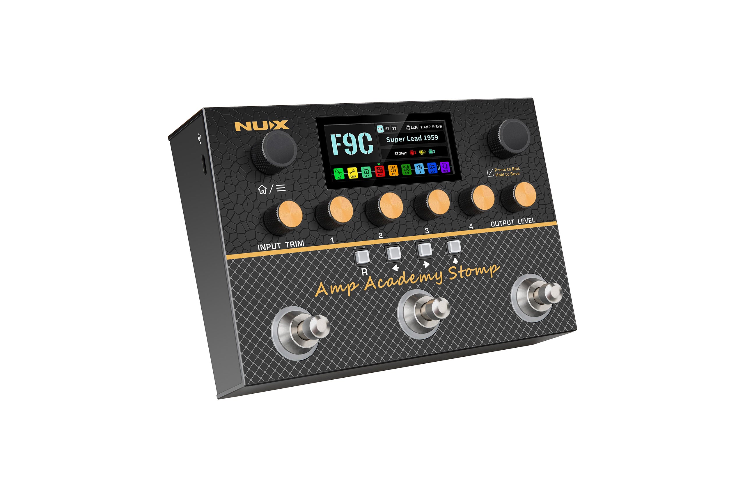 NUX Amp Academy Stomp FX pedal with six knobs, three footswitches, a color display, and black textured surface with yellow accents.