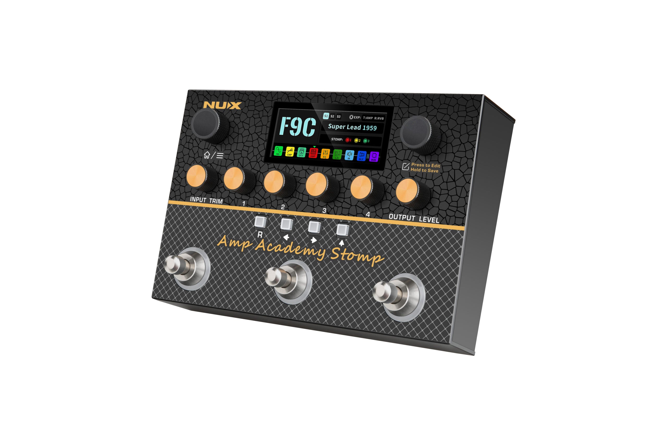 NUX Amp Academy Stomp FX pedal with six knobs, three footswitches, a small color display showing “F9C Super Lead 1959,” and various labeled buttons.