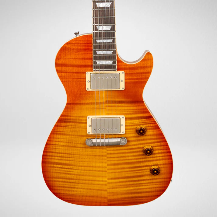 Sunburst electric guitar with maple flame top, two chrome humbucker pickups, three control knobs, and a cutaway body shape.