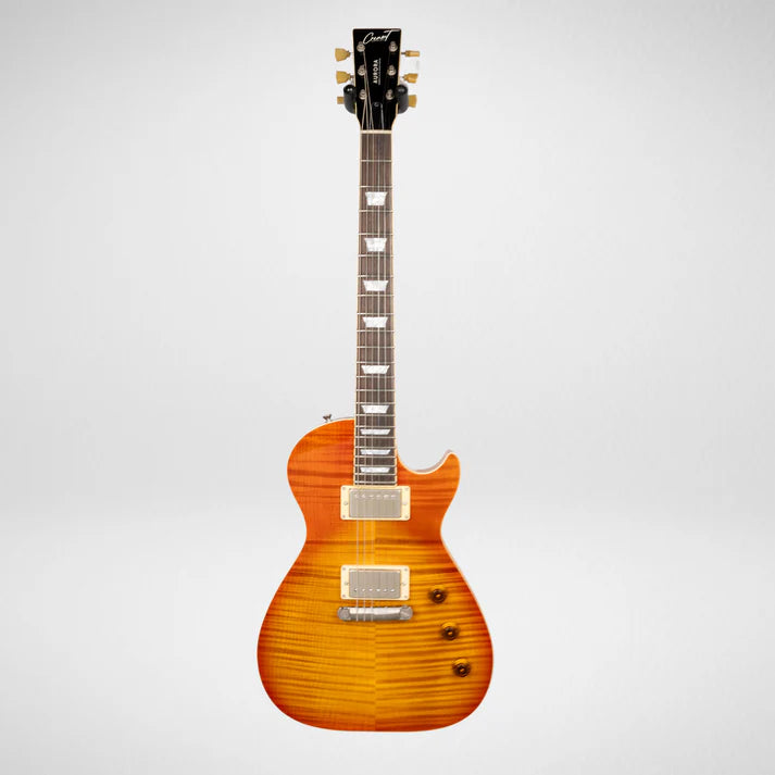 Sunburst electric guitar with a single cutaway, two humbucker pickups, three control knobs, and rectangular fretboard inlays.