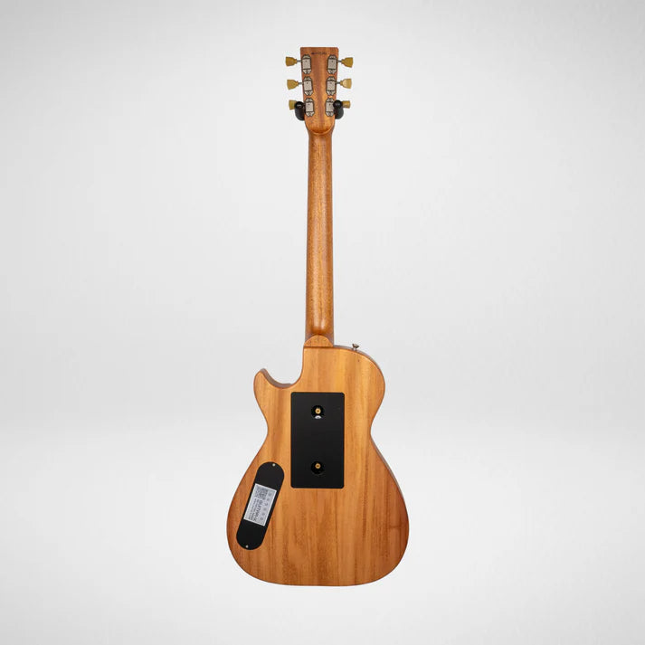 Natural wood-finish electric guitar shown from the back, revealing two black plastic electronics covers on the body and metal tuning pegs on the headstock.