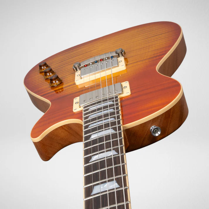 Sunburst electric guitar with a natural wood finish, two silver pickups, three amber control knobs, and a bound body.