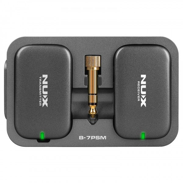 NUX B-7PSM FX pedal system with two rectangular modules labeled transmitter and receiver, each with a green indicator light, and a central jack.