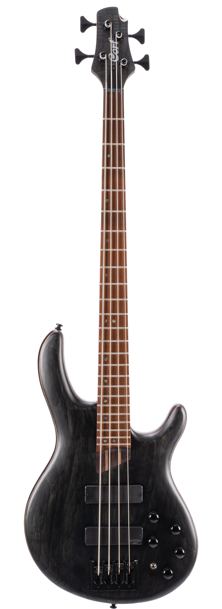 Four-string black bass guitar with a wood finish, two pickups, four control knobs, and a curved double-cutaway body design.