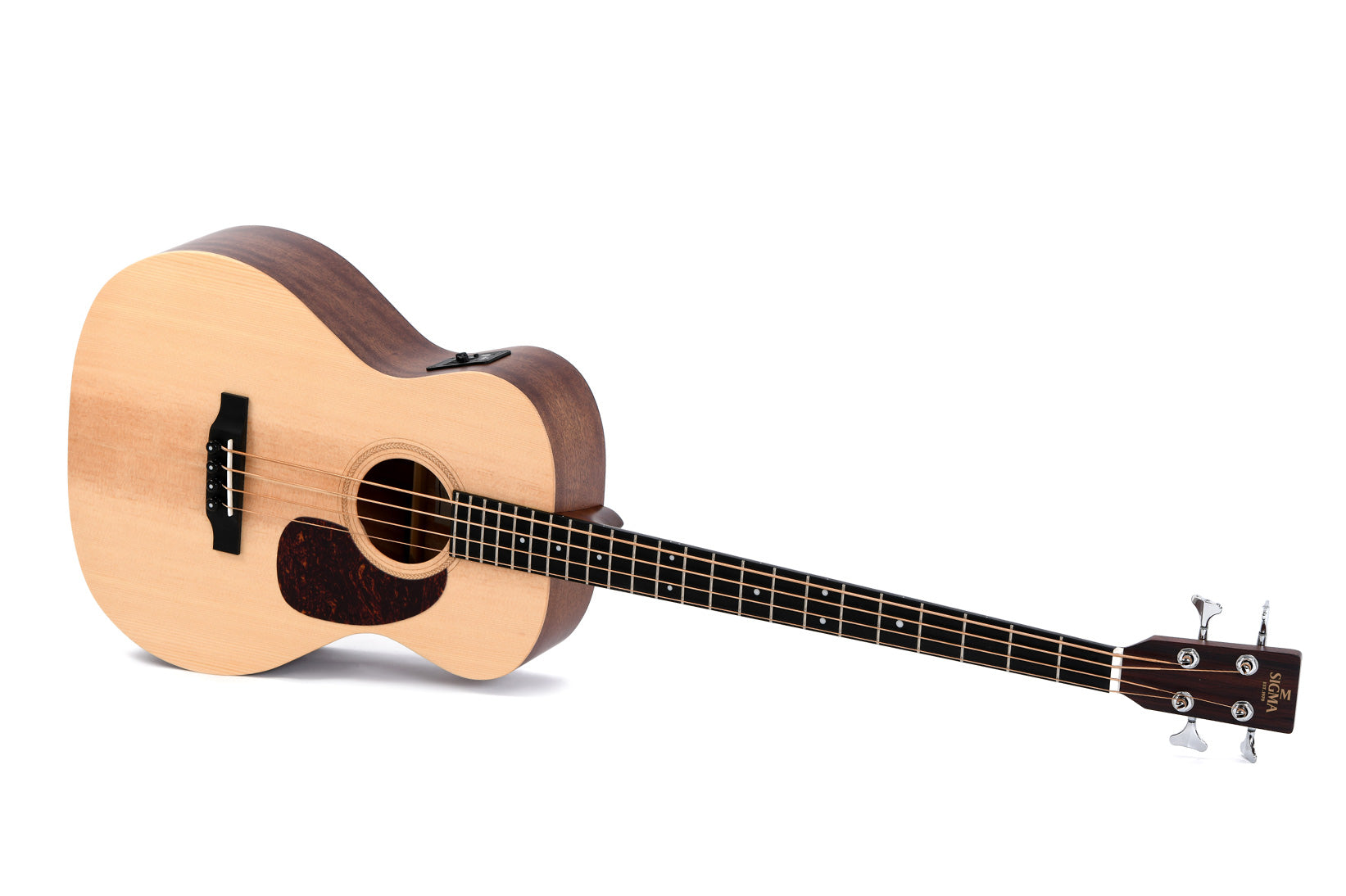 Acoustic bass guitar with a natural wood finish, four strings, dark fretboard, and silver tuning pegs, lying on its side.