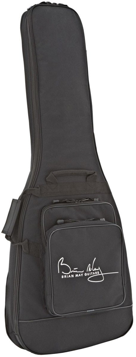 Black electric guitar gig bag with two zippered pockets and "Brian May Guitars" printed in white script on the front pocket.