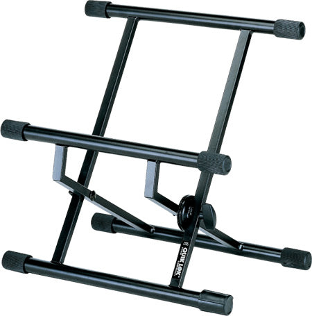 Black adjustable metal stand with four foam-padded arms and angled support bars, suitable for holding electronic devices or instruments.