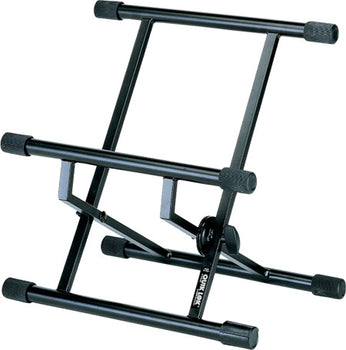 Black adjustable metal stand with four foam-padded arms and angled support bars, suitable for holding electronic devices or instruments.