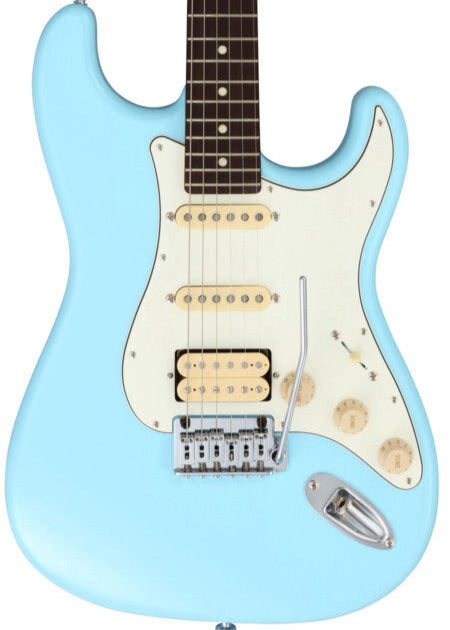 Light blue electric guitar with three cream pickups, a white pickguard, three control knobs, and a metal tremolo arm.