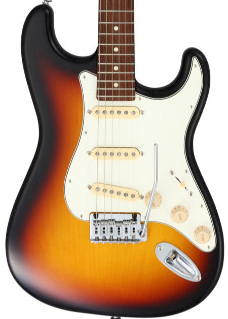 Sunburst electric guitar body with white pickguard, three single-coil pickups, three control knobs, and a chrome tremolo bar.