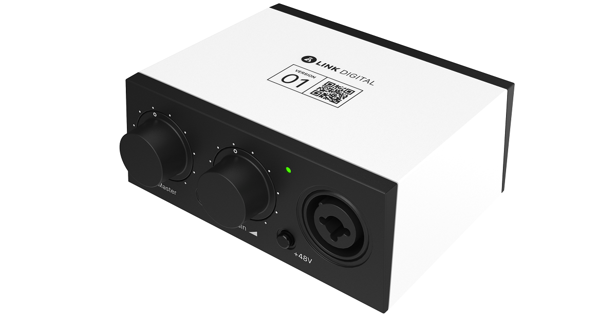 Compact audio interface with two large control knobs, a combo XLR input, a +48V button, and a QR code labeled “Version 01” on the white top surface.
