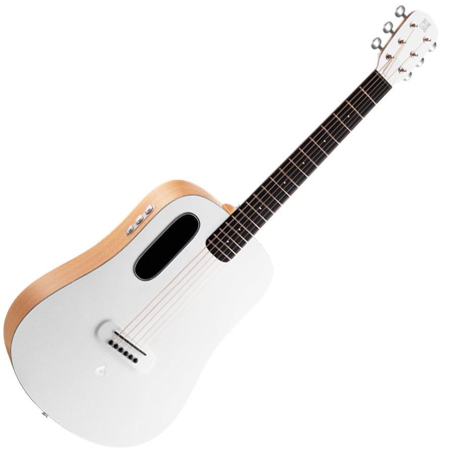 Modern acoustic guitar with a white front, light wood sides, black fretboard, and an oval-shaped sound hole on the top left.