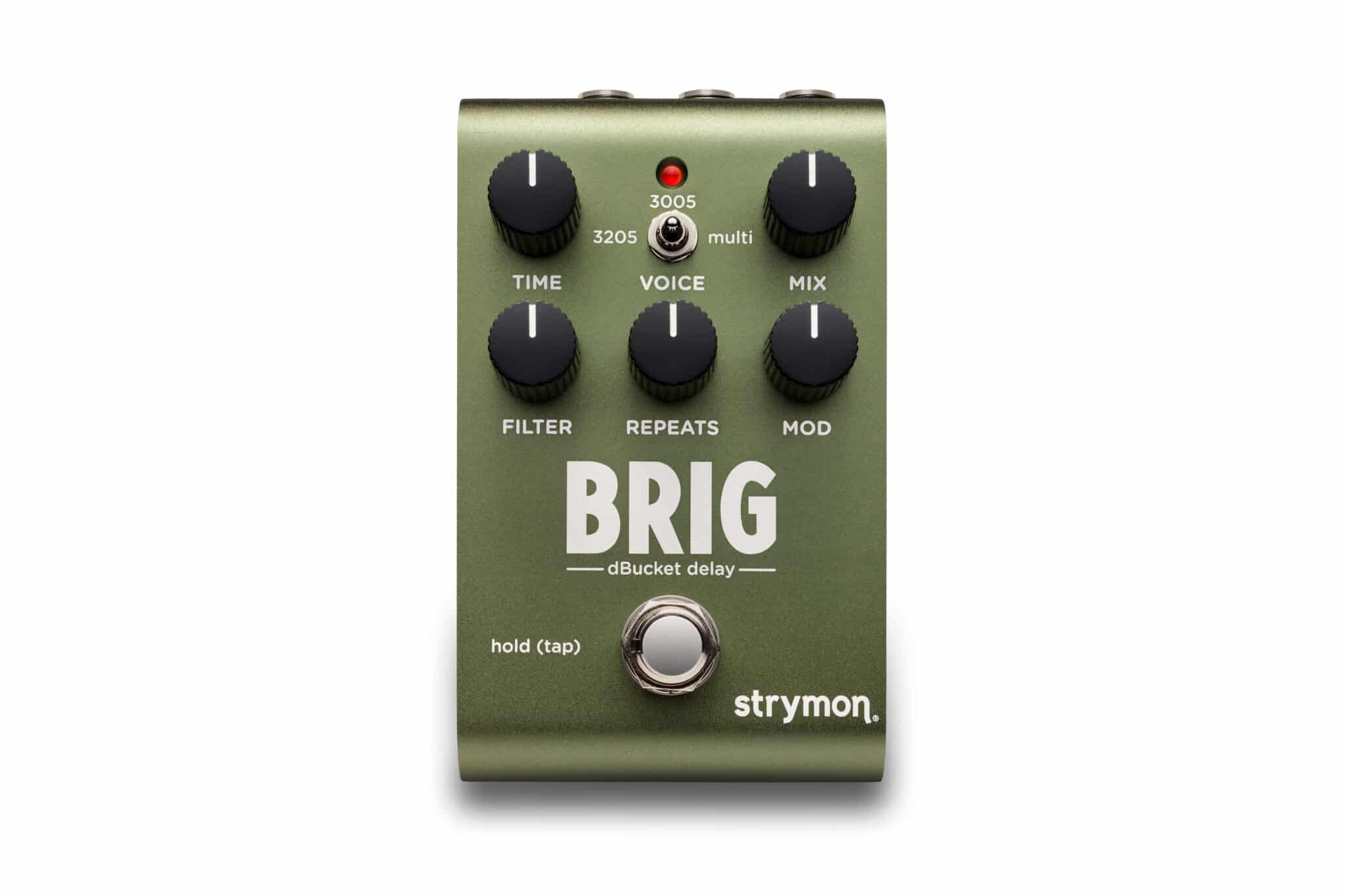 Green Strymon BRIG dBucket delay FX pedal with six knobs, a central toggle switch, single footswitch, and bold white labeling.