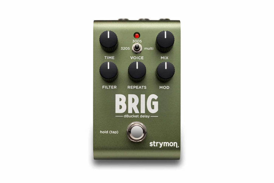 Green Strymon BRIG dBucket delay FX pedal with six knobs, a central toggle switch, single footswitch, and bold white labeling.